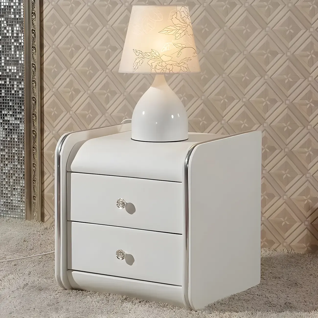 Luxurious Glossy Leather Wooden 2 Drawer Black Nightstand Image - 2