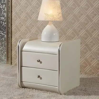 Luxurious Glossy Leather Wooden 2 Drawer Black Nightstand Image - 5