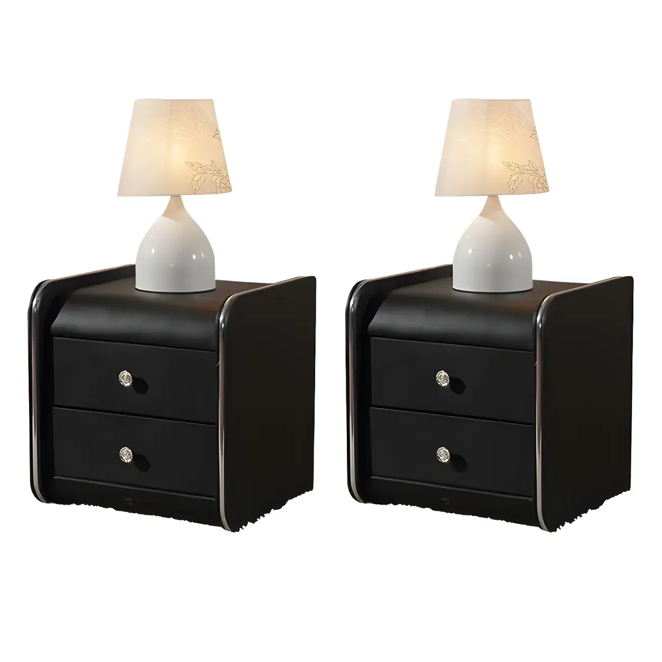 Luxurious Glossy Leather Wooden 2 Drawer Black Nightstand Image - 9