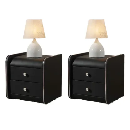 Luxurious Glossy Leather Wooden 2 Drawer Black Nightstand Image - 9
