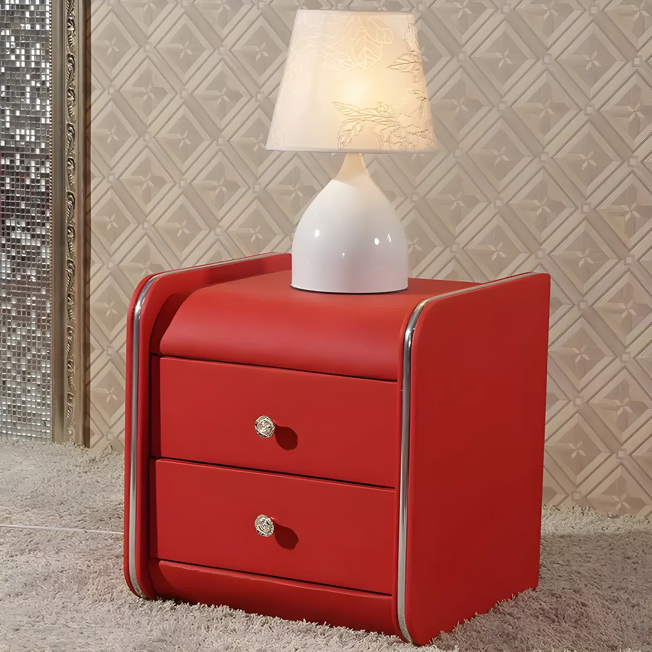 Luxurious Glossy Leather Wooden 2 Drawer Black Nightstand Image - 6 | homeyfad