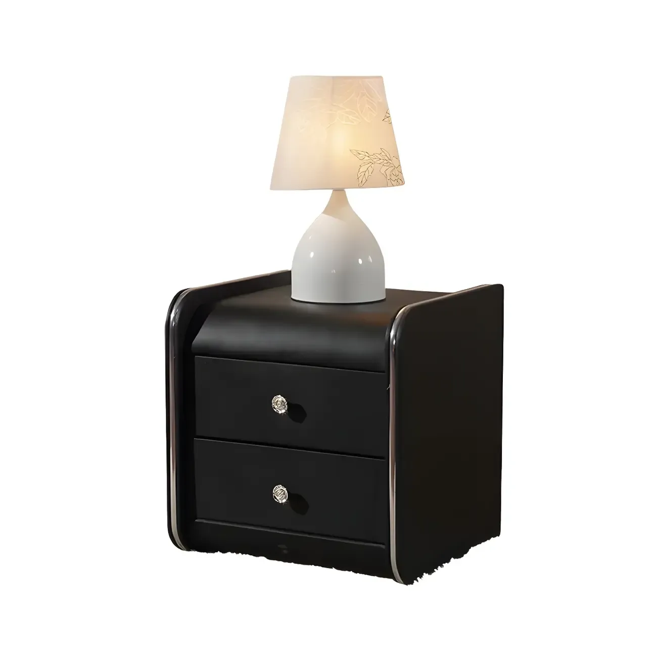 Luxurious Glossy Leather Wooden 2 Drawer Black Nightstand Image - 11