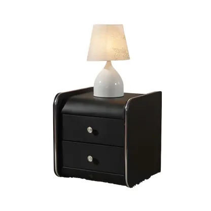 Luxurious Glossy Leather Wooden 2 Drawer Black Nightstand Image - 11