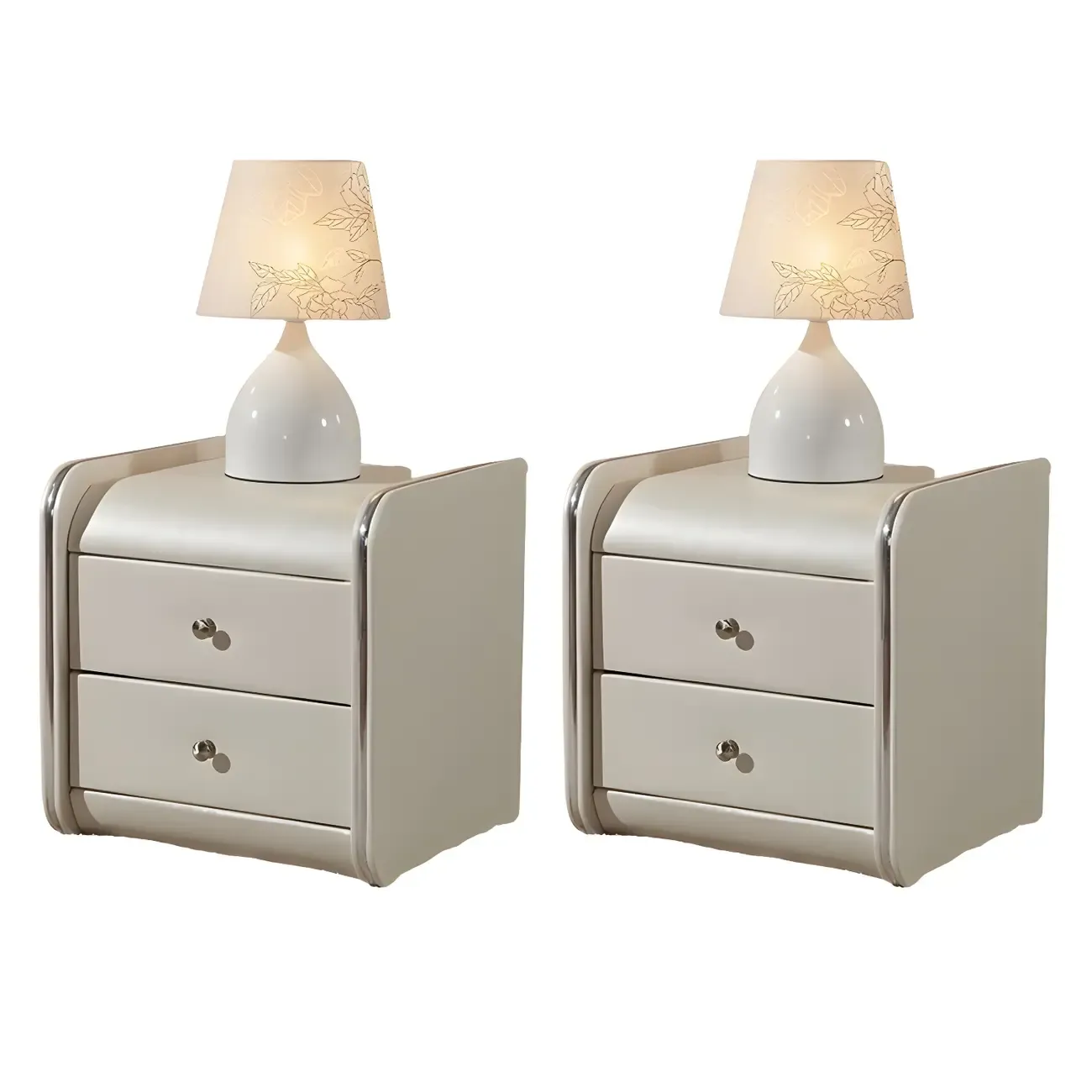 Luxurious Glossy Leather Wooden 2 Drawer Black Nightstand Image - 12