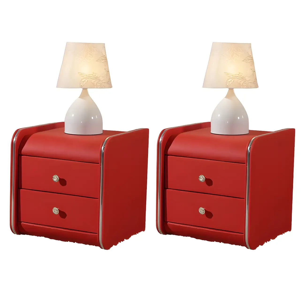 Luxurious Glossy Leather Wooden 2 Drawer Black Nightstand Image - 14