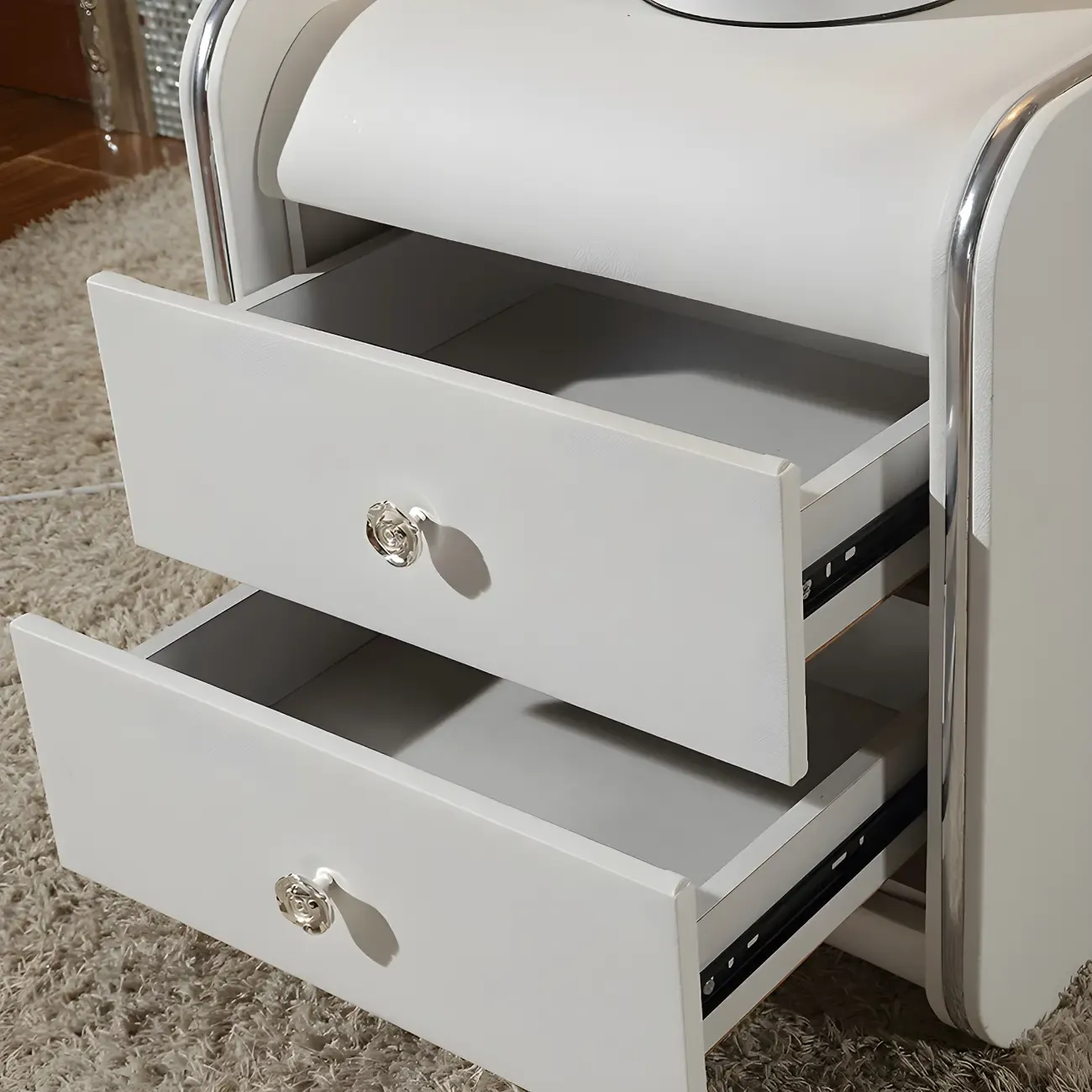 Luxurious Glossy Leather Wooden 2 Drawer Black Nightstand Image - 7