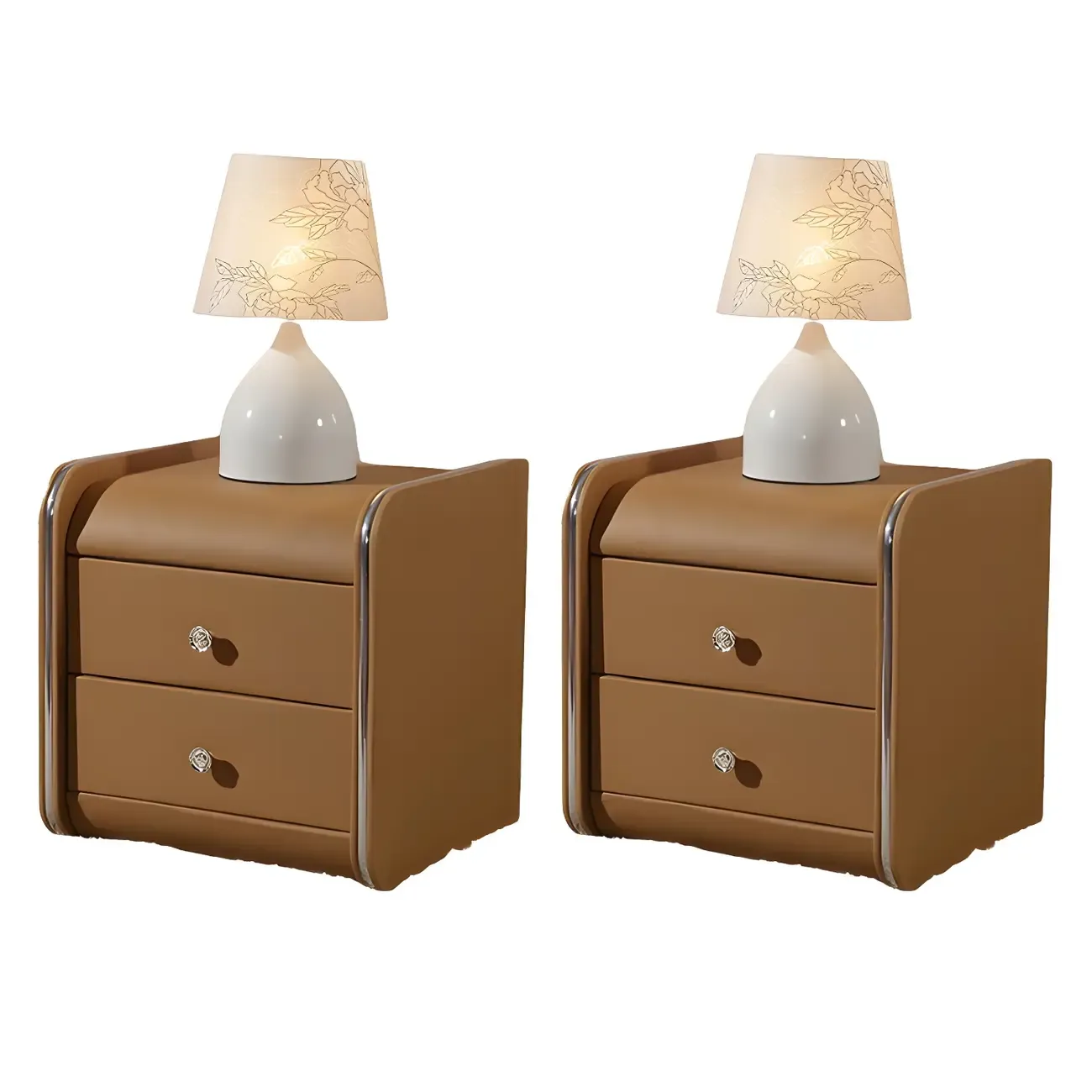 Luxurious Glossy Leather Wooden 2 Drawer Black Nightstand Image - 15