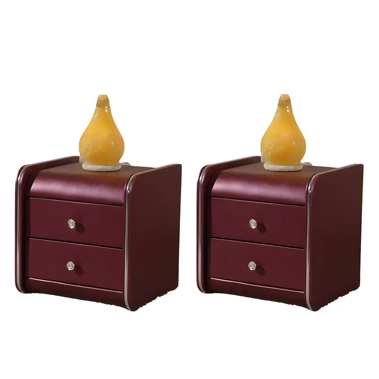 Luxurious Glossy Leather Wooden 2 Drawer Black Nightstand Image - 19