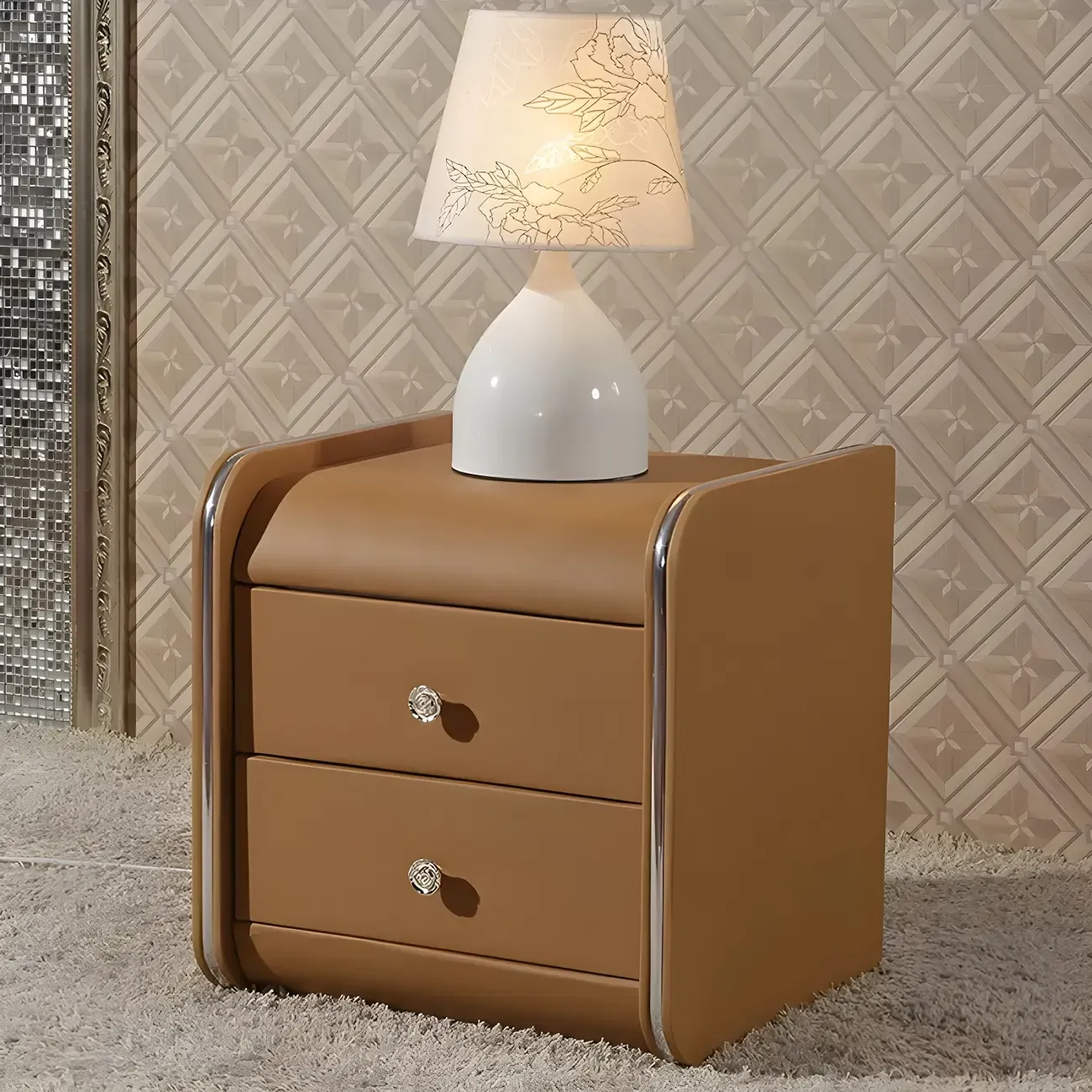 Luxurious Glossy Leather Wooden 2 Drawer Black Nightstand Image - 20