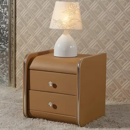 Luxurious Glossy Leather Wooden 2 Drawer Black Nightstand Image - 20