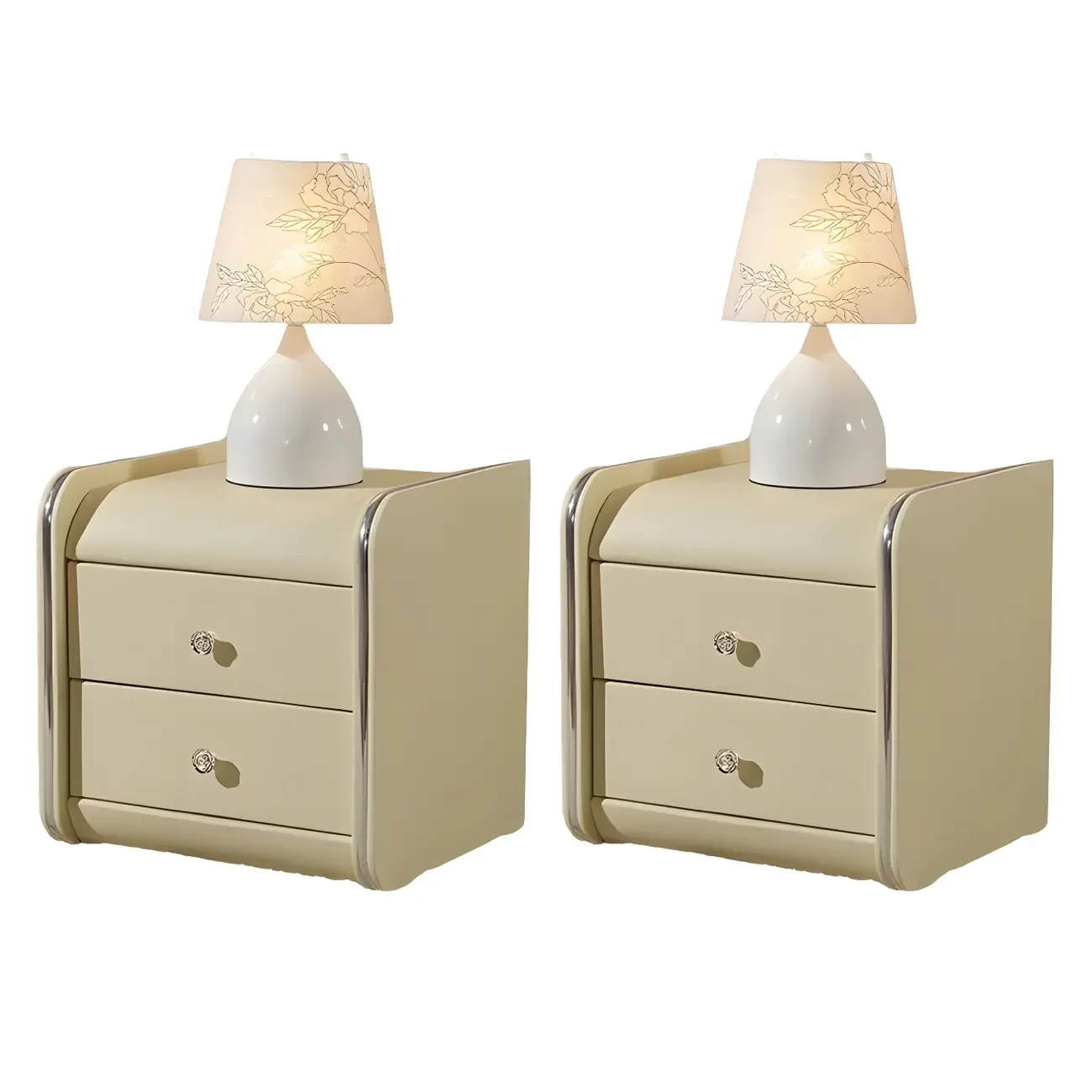 Luxurious Glossy Leather Wooden 2 Drawer Black Nightstand Image - 21