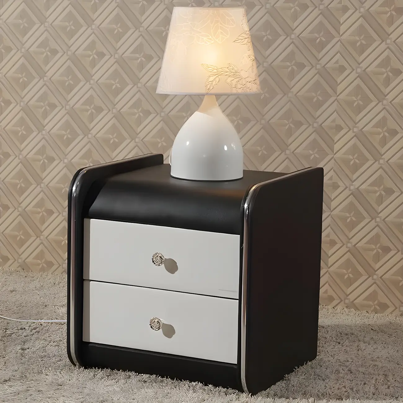 Luxurious Glossy Leather Wooden 2 Drawer Black Nightstand Image - 22 | homeyfad