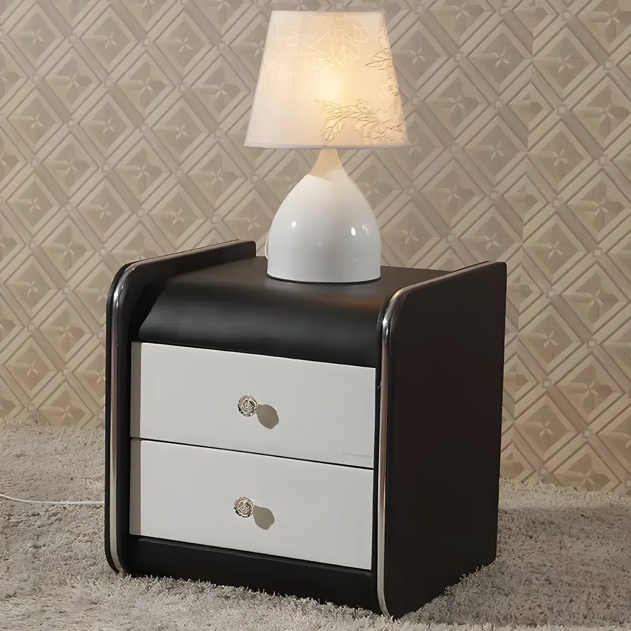 Luxurious Glossy Leather Wooden 2 Drawer Black Nightstand Image - 22