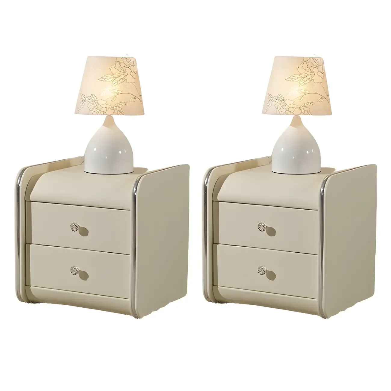 Luxurious Glossy Leather Wooden 2 Drawer Black Nightstand Image - 23