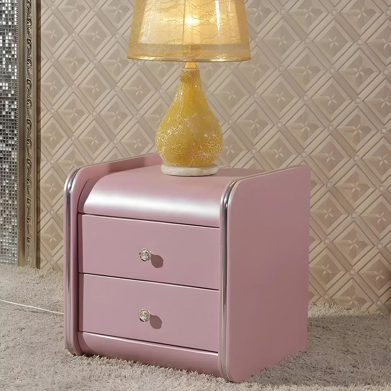 Luxurious Glossy Leather Wooden 2 Drawer Black Nightstand Image - 24