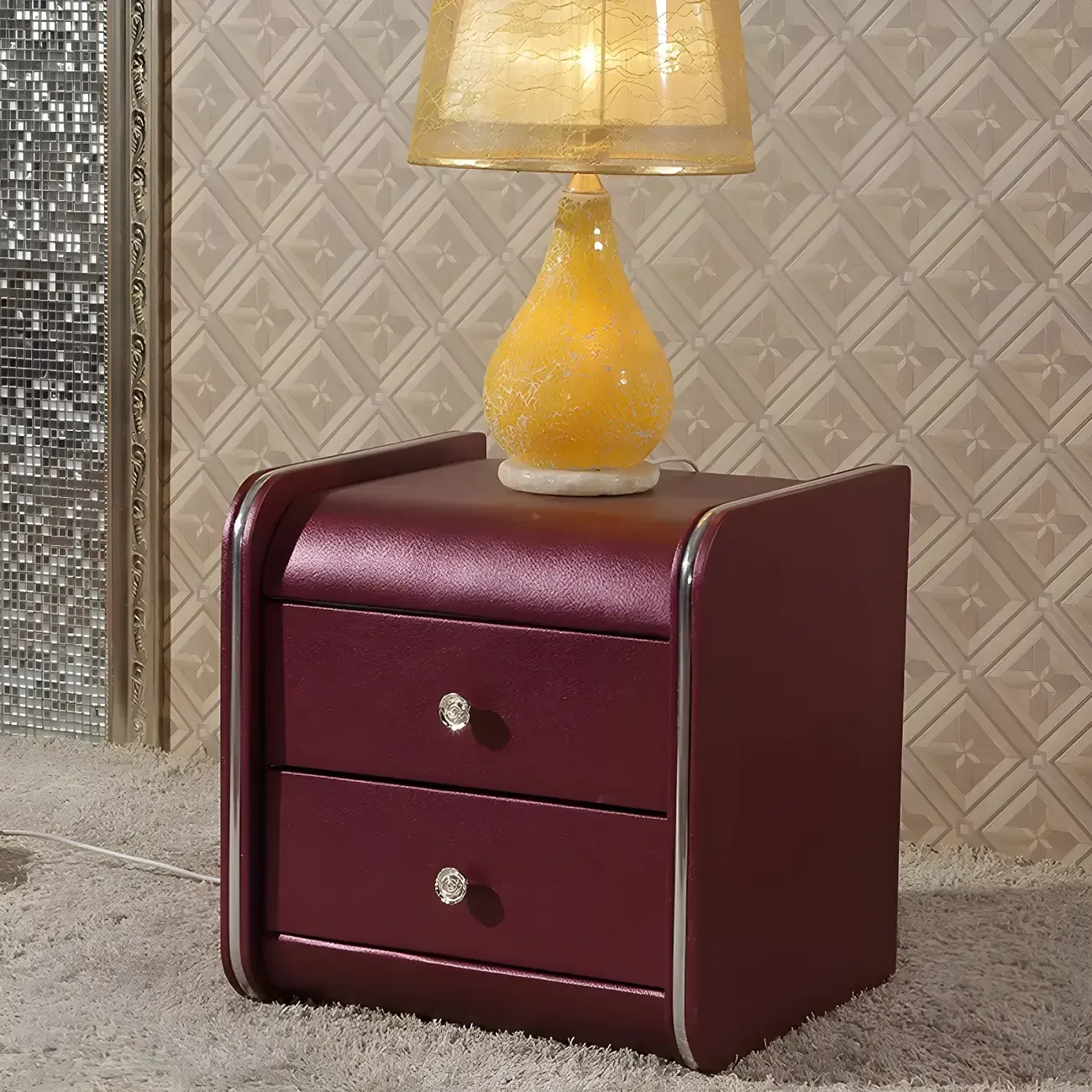 Luxurious Glossy Leather Wooden 2 Drawer Black Nightstand Image - 25