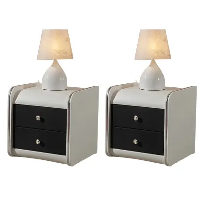 Luxurious Glossy Leather Wooden 2 Drawer Black Nightstand Image - 26