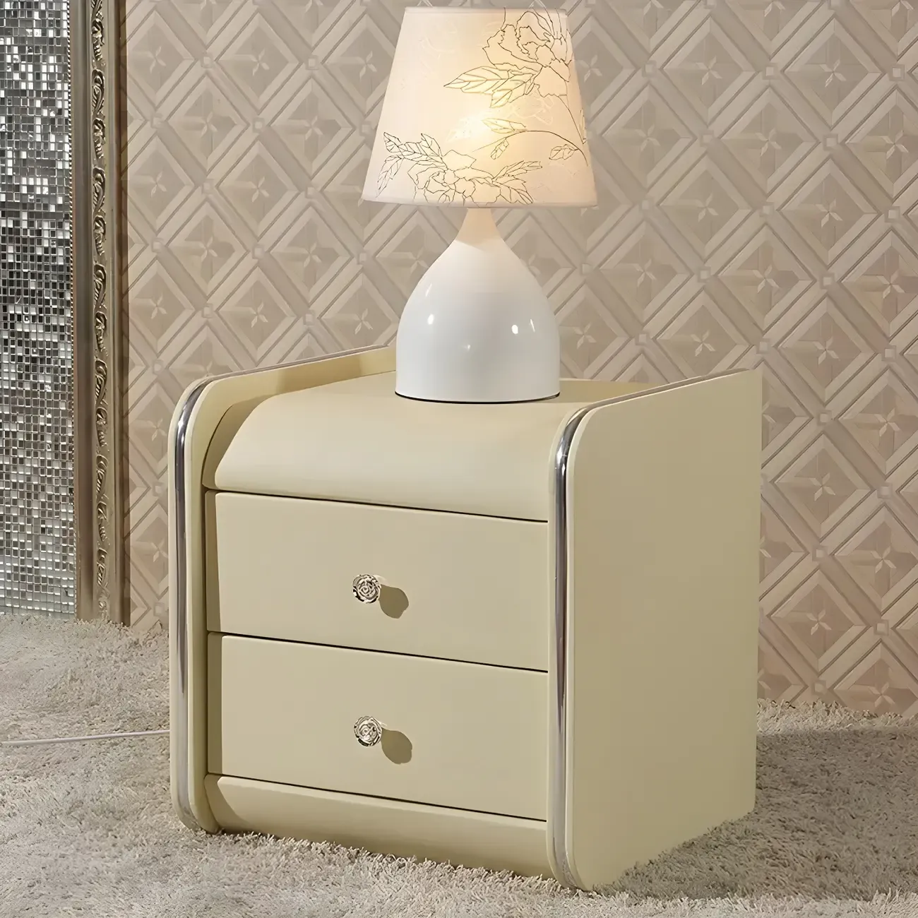 Luxurious Glossy Leather Wooden 2 Drawer Black Nightstand Image - 27