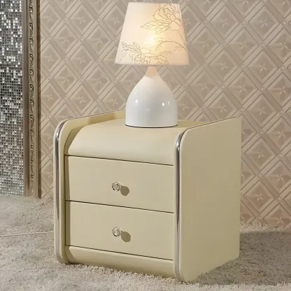 Luxurious Glossy Leather Wooden 2 Drawer Black Nightstand Image - 27