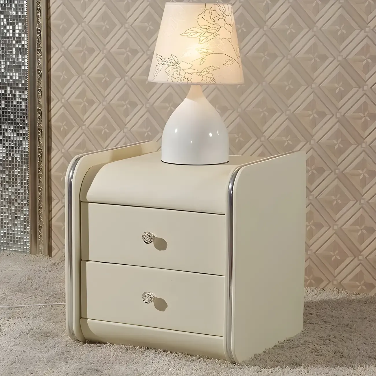 Luxurious Glossy Leather Wooden 2 Drawer Black Nightstand Image - 29