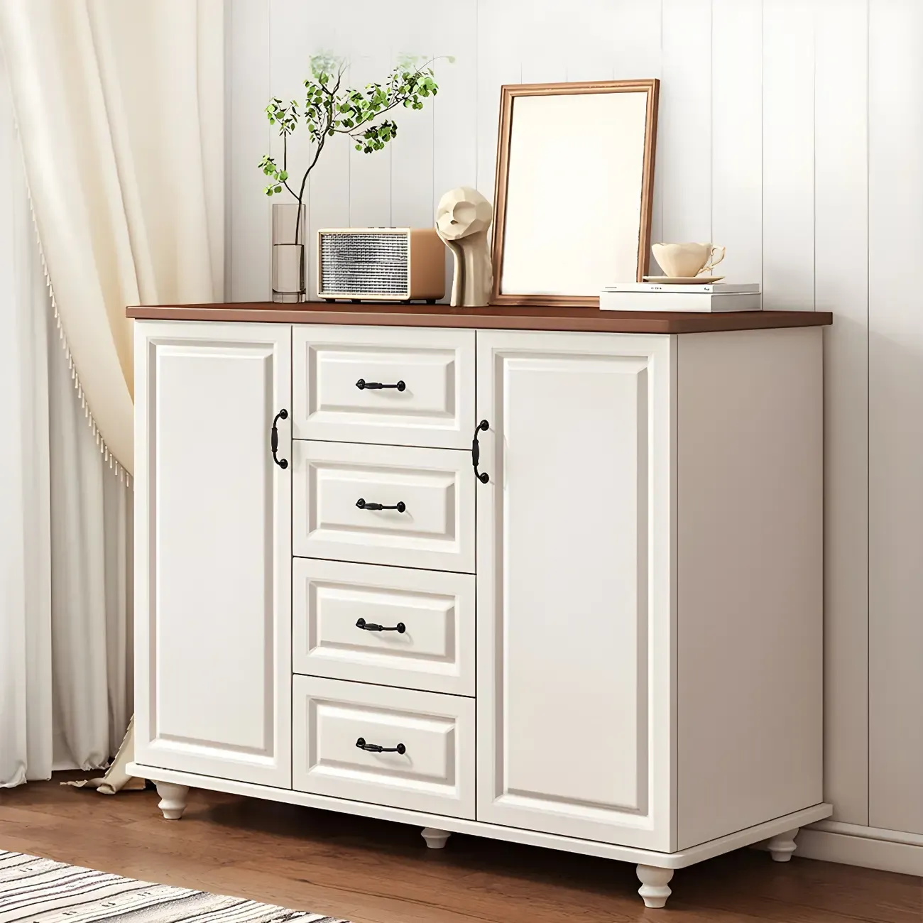 Classic White-Brown Wooden Dresser with Storage & Drawers Image - 1