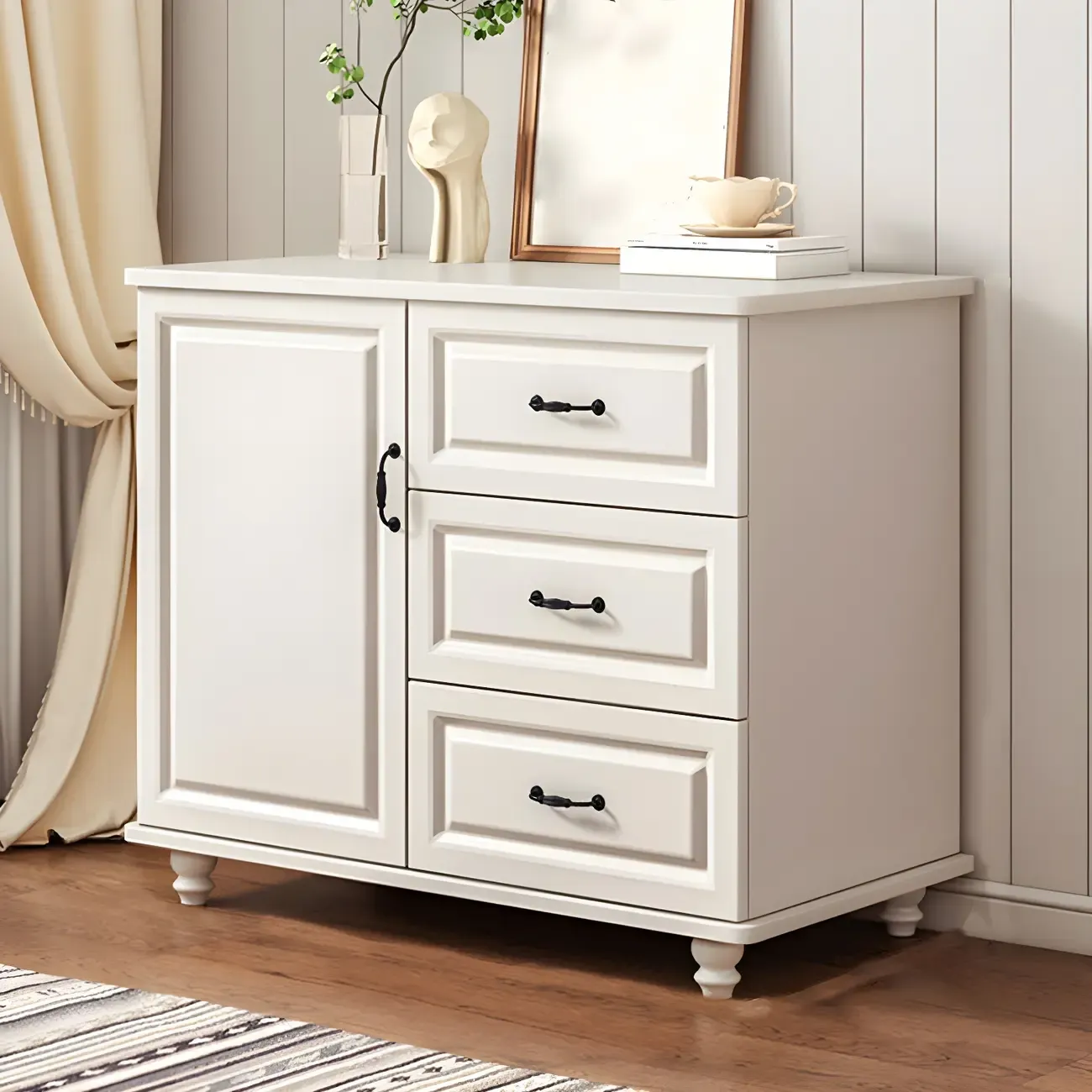 Classic White-Brown Wooden Dresser with Storage & Drawers Image - 3