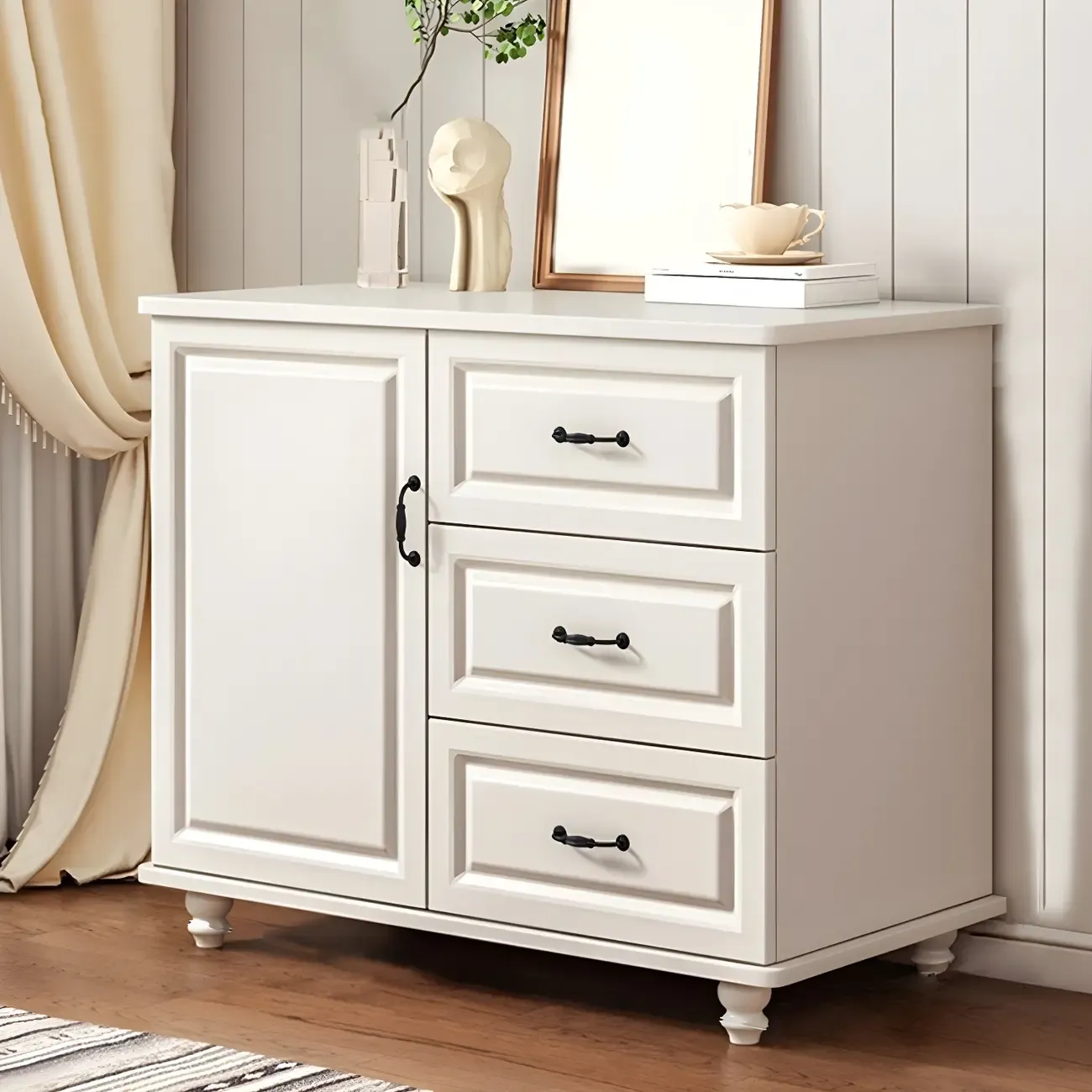Classic White-Brown Wooden Dresser with Storage & Drawers Image - 4
