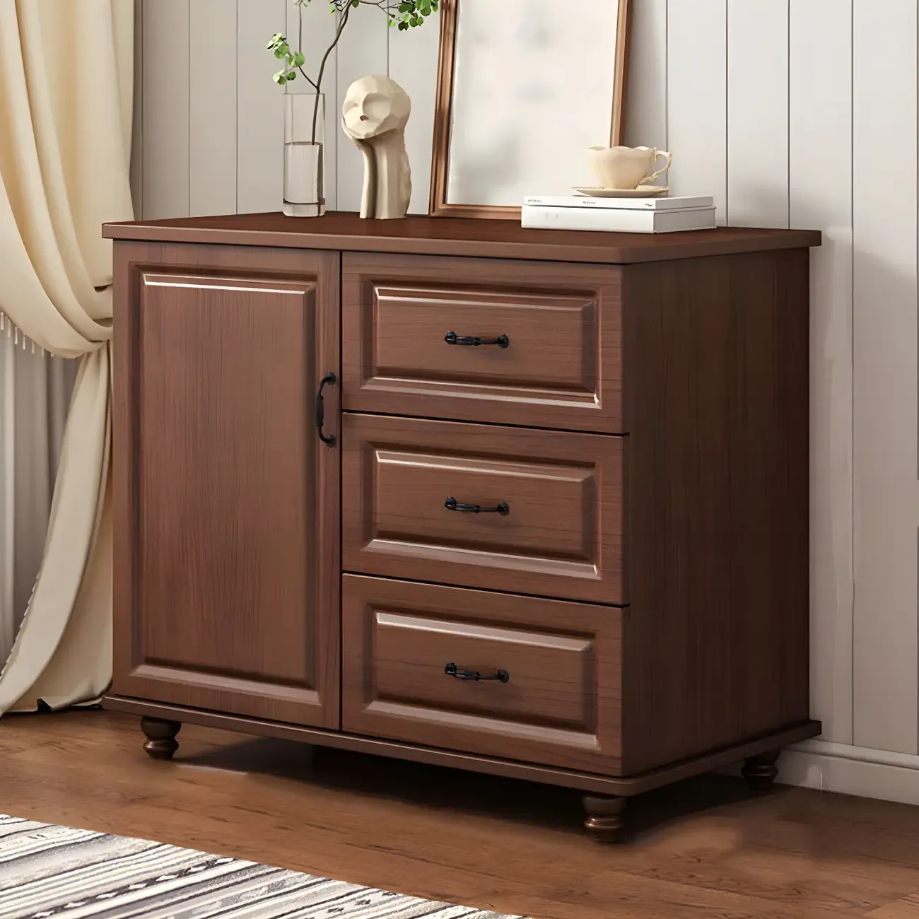 Classic White-Brown Wooden Dresser with Storage & Drawers Image - 5