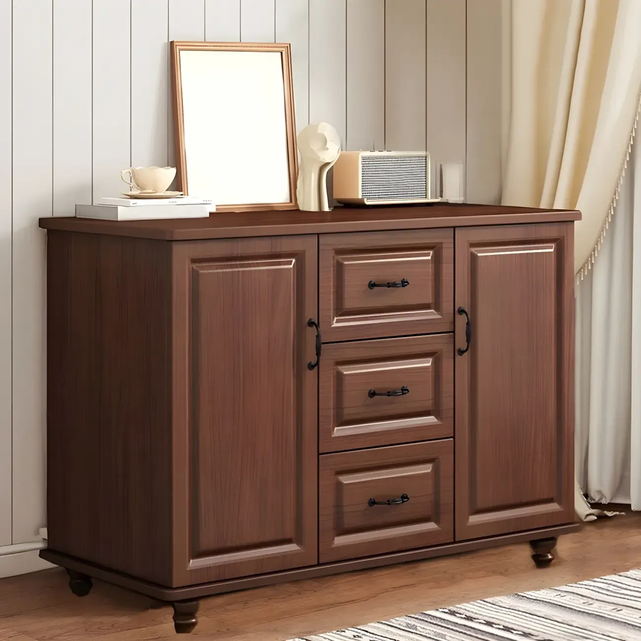 Classic White-Brown Wooden Dresser with Storage & Drawers Image - 2