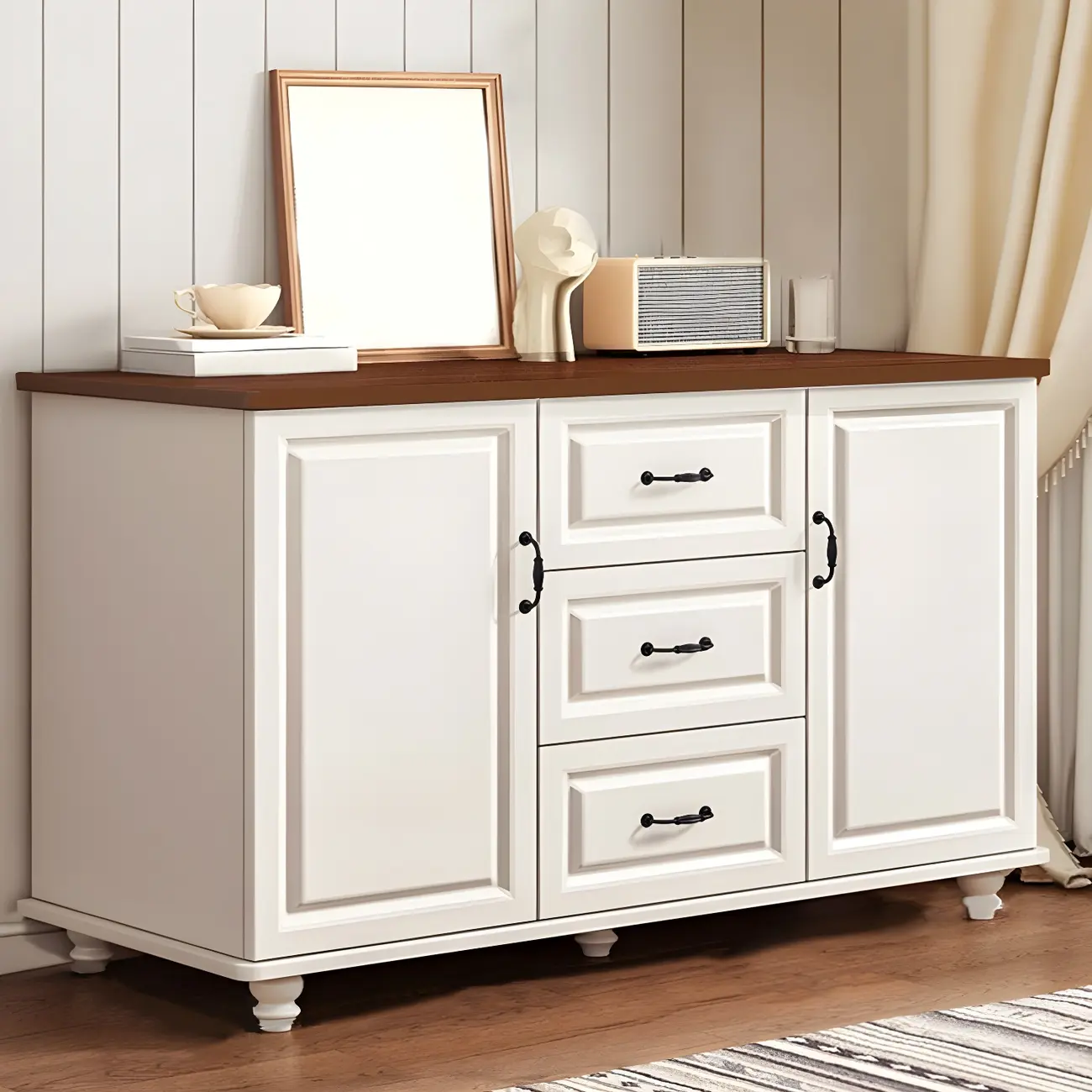 Classic White-Brown Wooden Dresser with Storage & Drawers Image - 7 | homeyfad