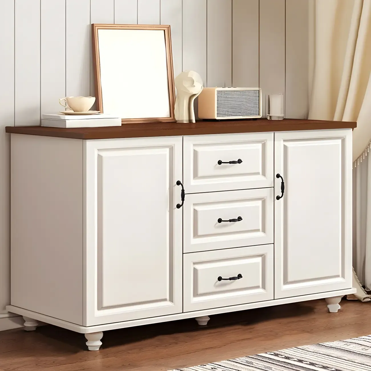 Classic White-Brown Wooden Dresser with Storage & Drawers Image - 7