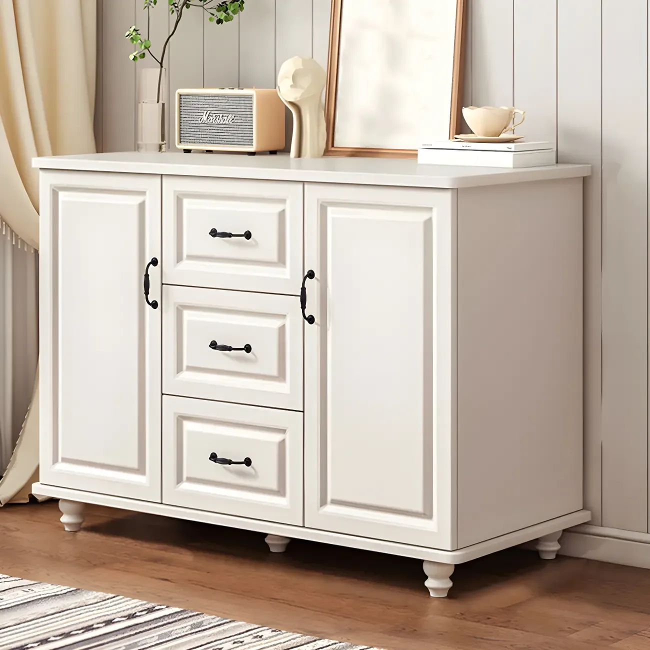 Classic White-Brown Wooden Dresser with Storage & Drawers Image - 14