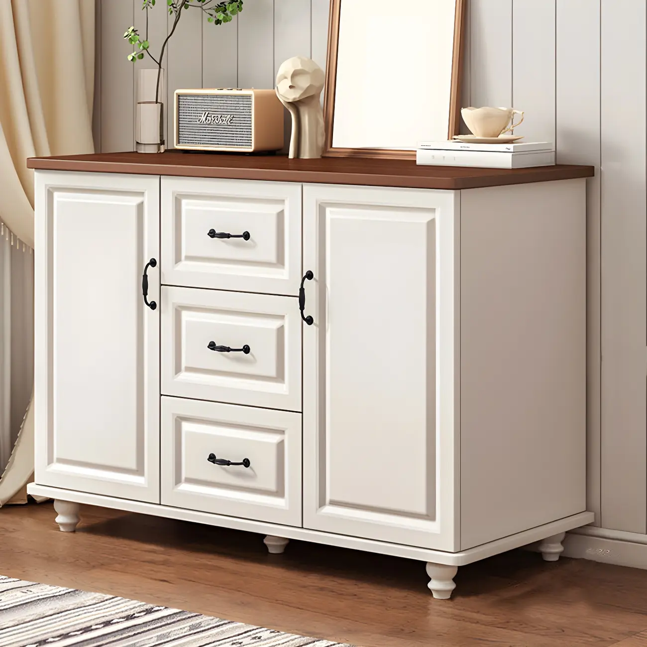 Classic White-Brown Wooden Dresser with Storage & Drawers Image - 15 | homeyfad