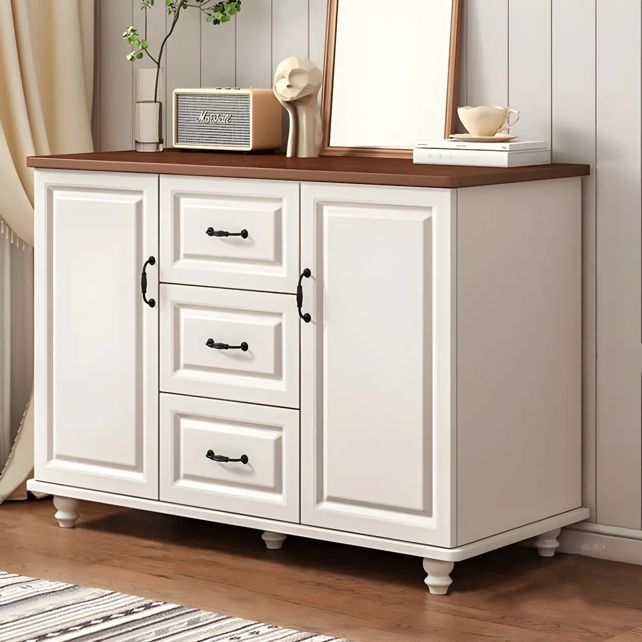 Classic White-Brown Wooden Dresser with Storage & Drawers Image - 15