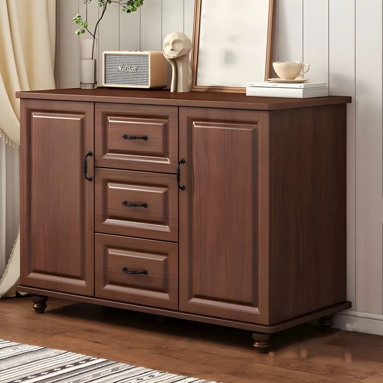 Classic White-Brown Wooden Dresser with Storage & Drawers Image - 18