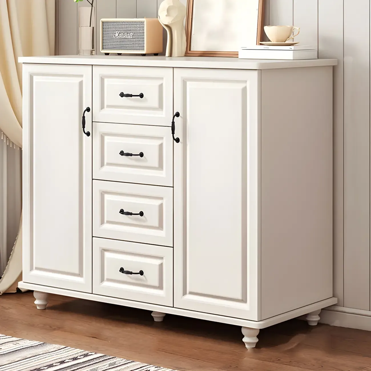 Classic White-Brown Wooden Dresser with Storage & Drawers Image - 19