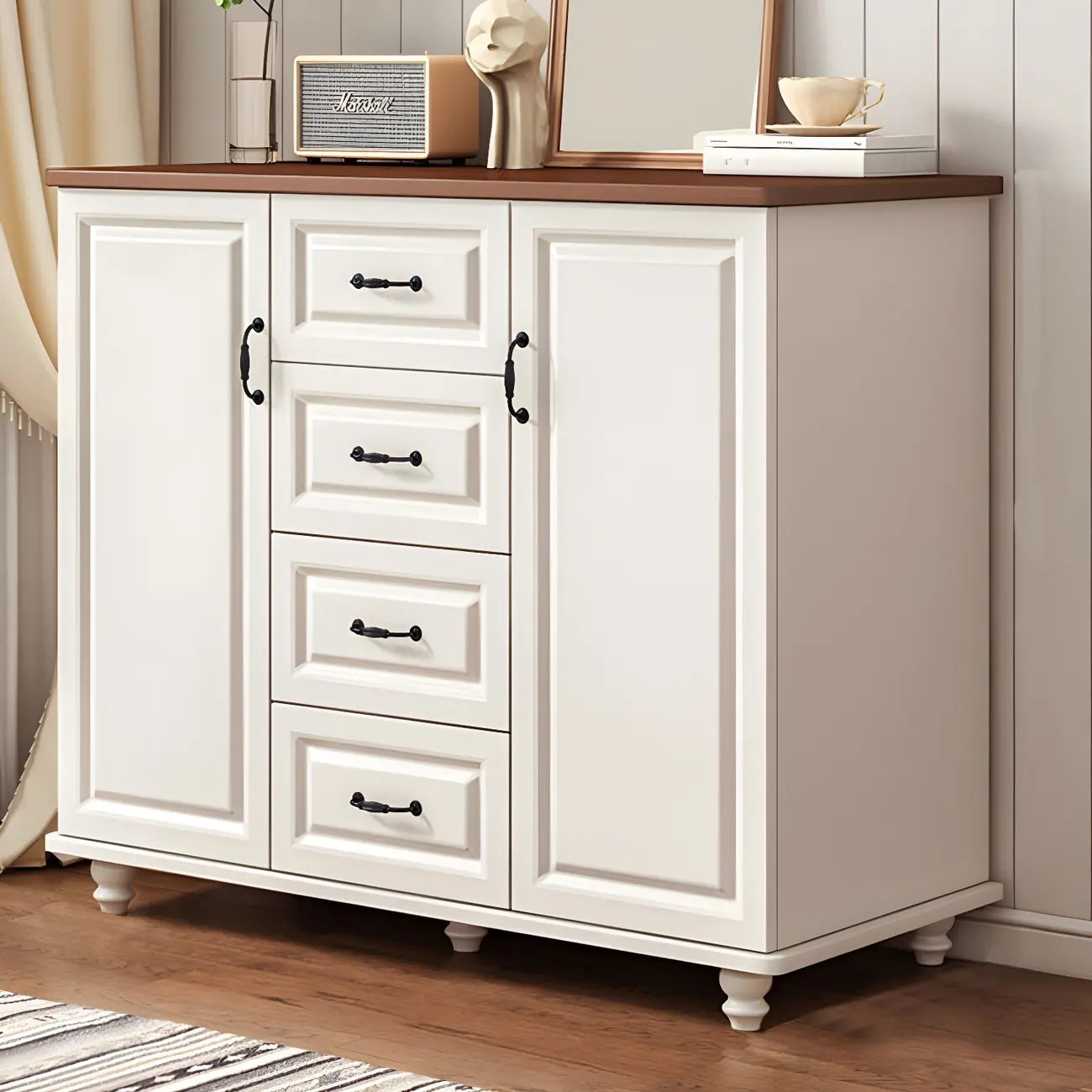 Classic White-Brown Wooden Dresser with Storage & Drawers Image - 20 | homeyfad