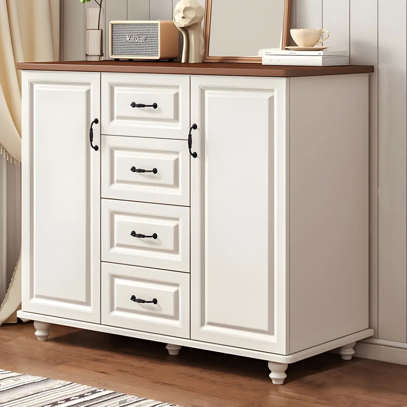 Classic White-Brown Wooden Dresser with Storage & Drawers Image - 20