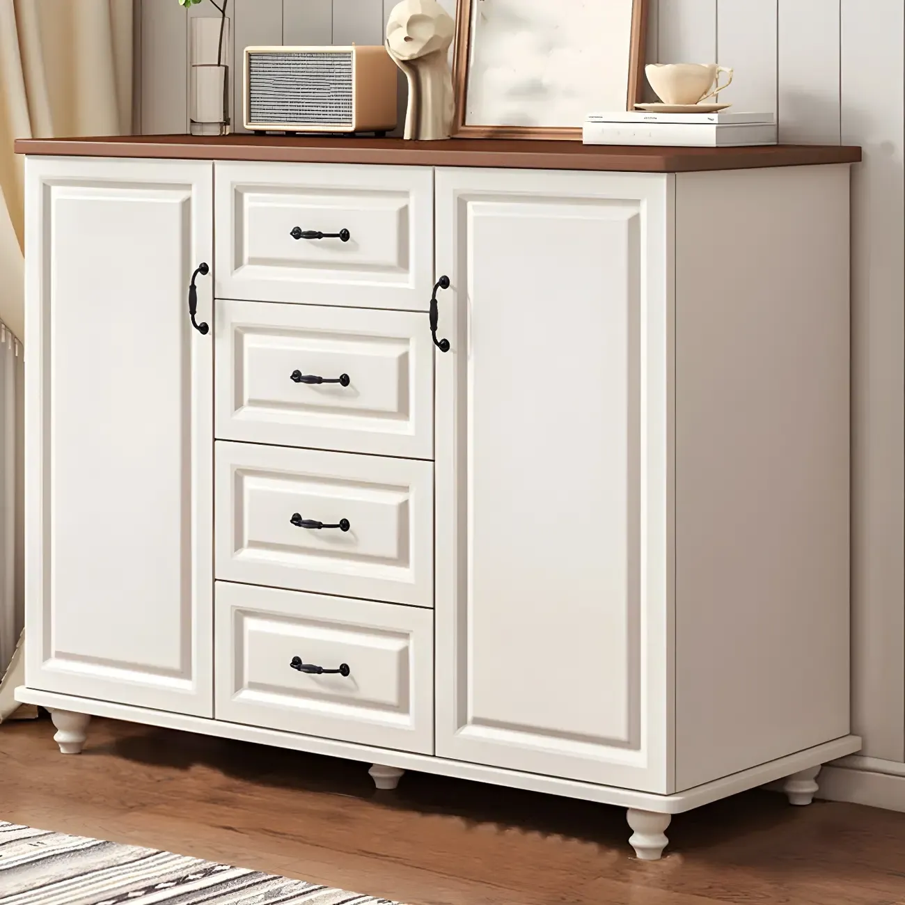 Classic White-Brown Wooden Dresser with Storage & Drawers Image - 26