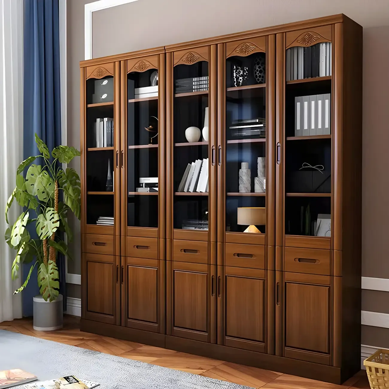 Modern Brown Wooden Vertical Filing Cabinets with Shelves Image - 1
