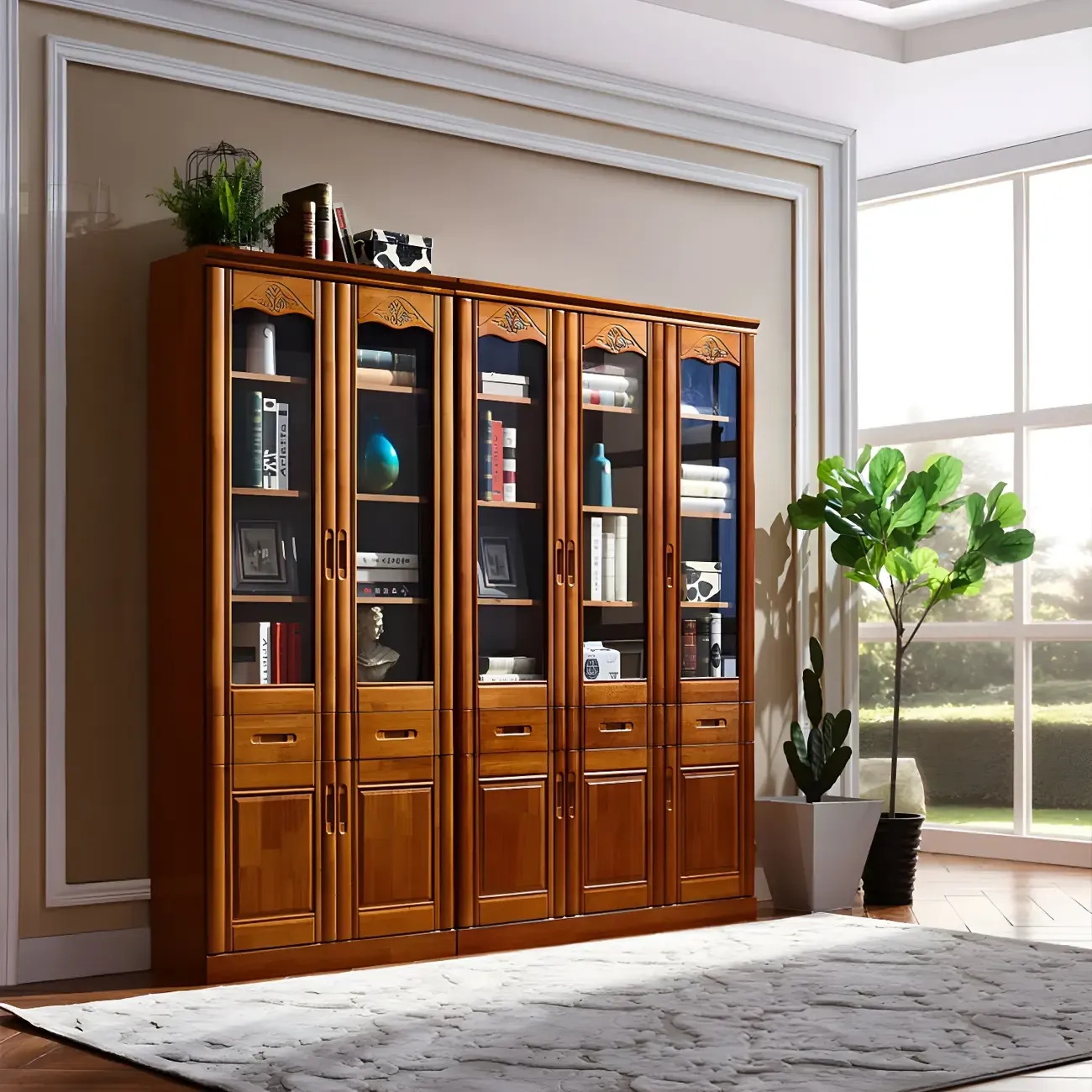 Modern Brown Wooden Vertical Filing Cabinets with Shelves Image - 6