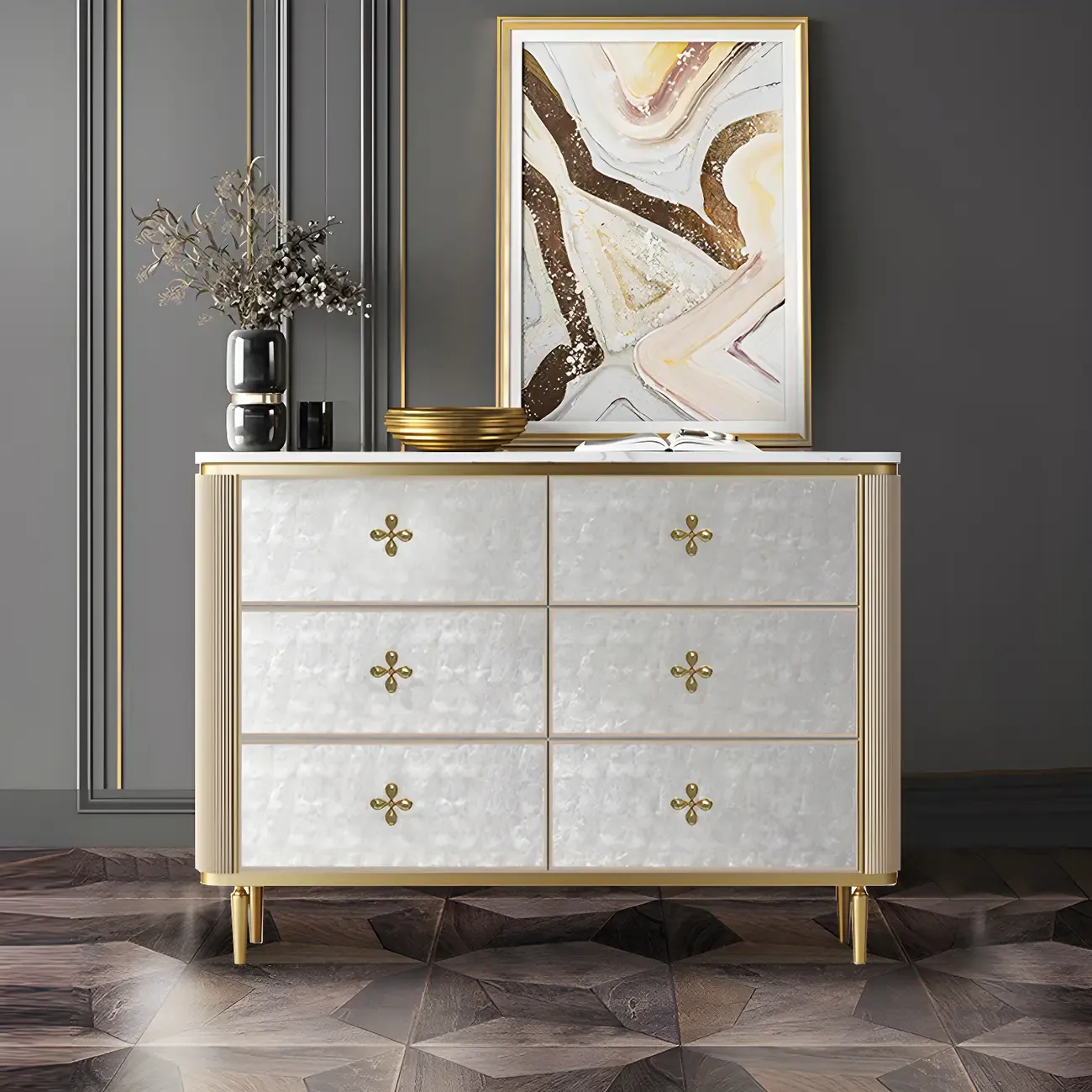 Modern Stone Double Dresser with Gold Accents Image - 4