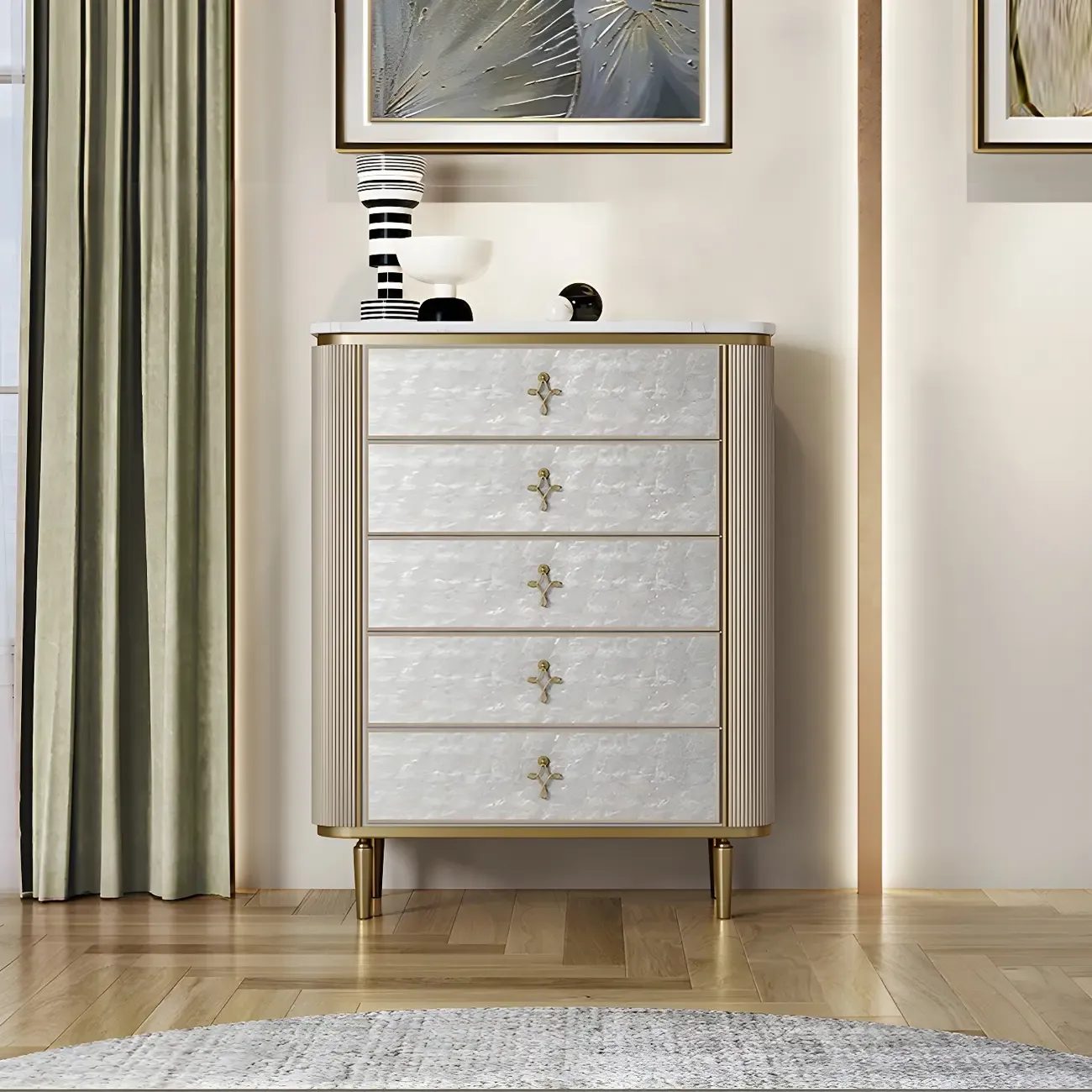 Modern Stone Double Dresser with Gold Accents Image - 2