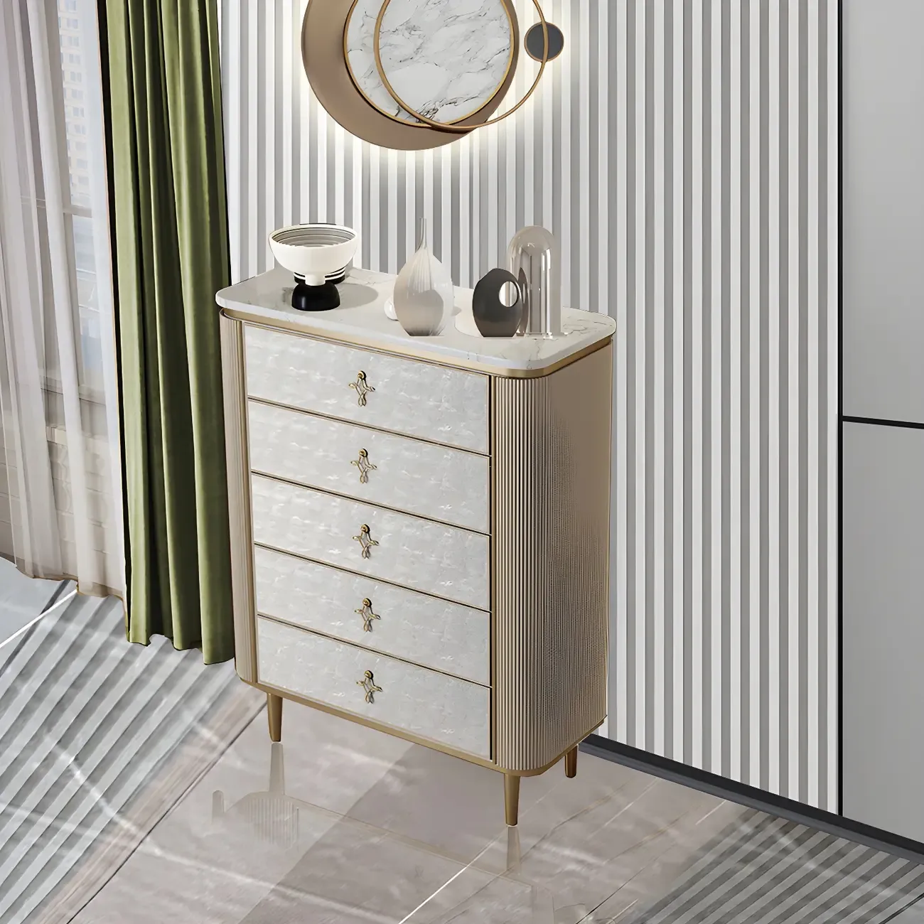 Modern Stone Double Dresser with Gold Accents Image - 5