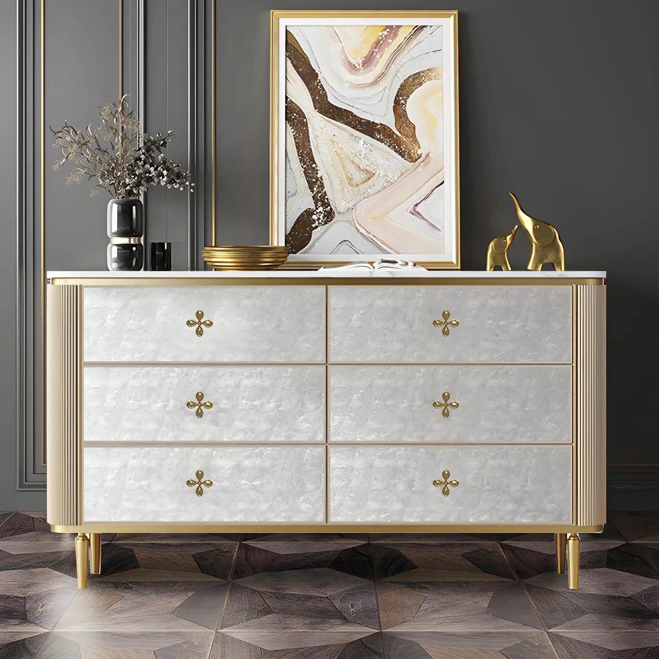 Modern Stone Double Dresser with Gold Accents Image - 1 | homeyfad
