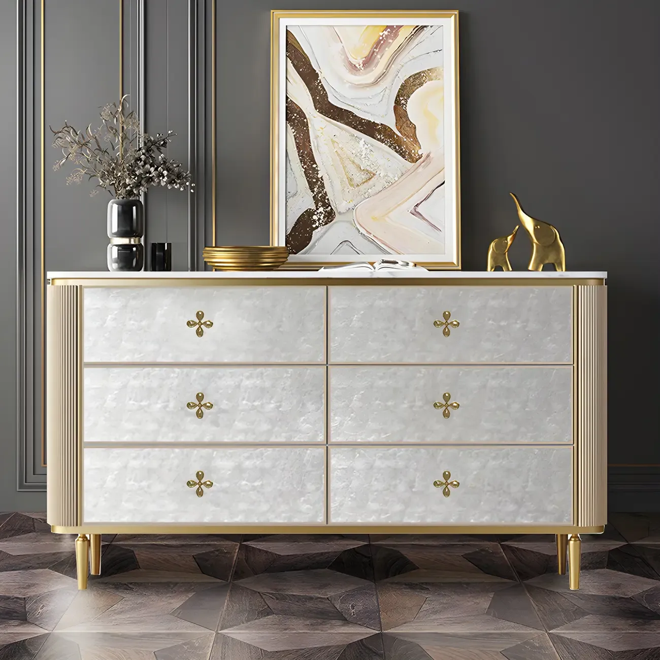Modern Stone Double Dresser with Gold Accents Image - 1