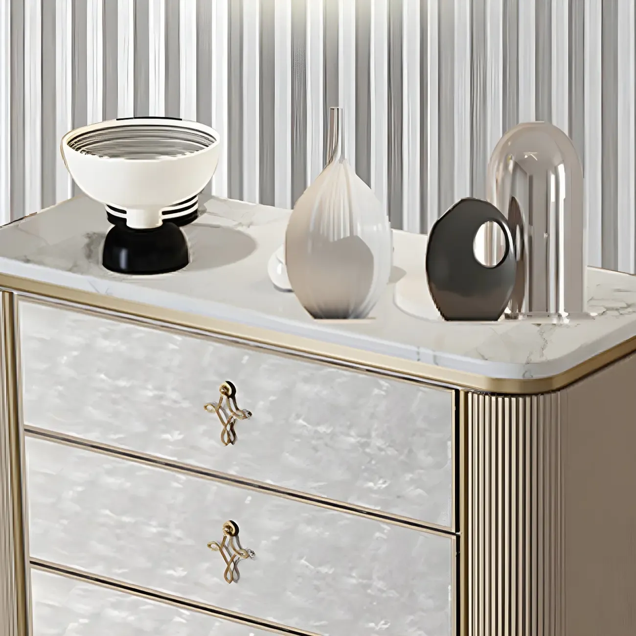 Modern Stone Double Dresser with Gold Accents Image - 9