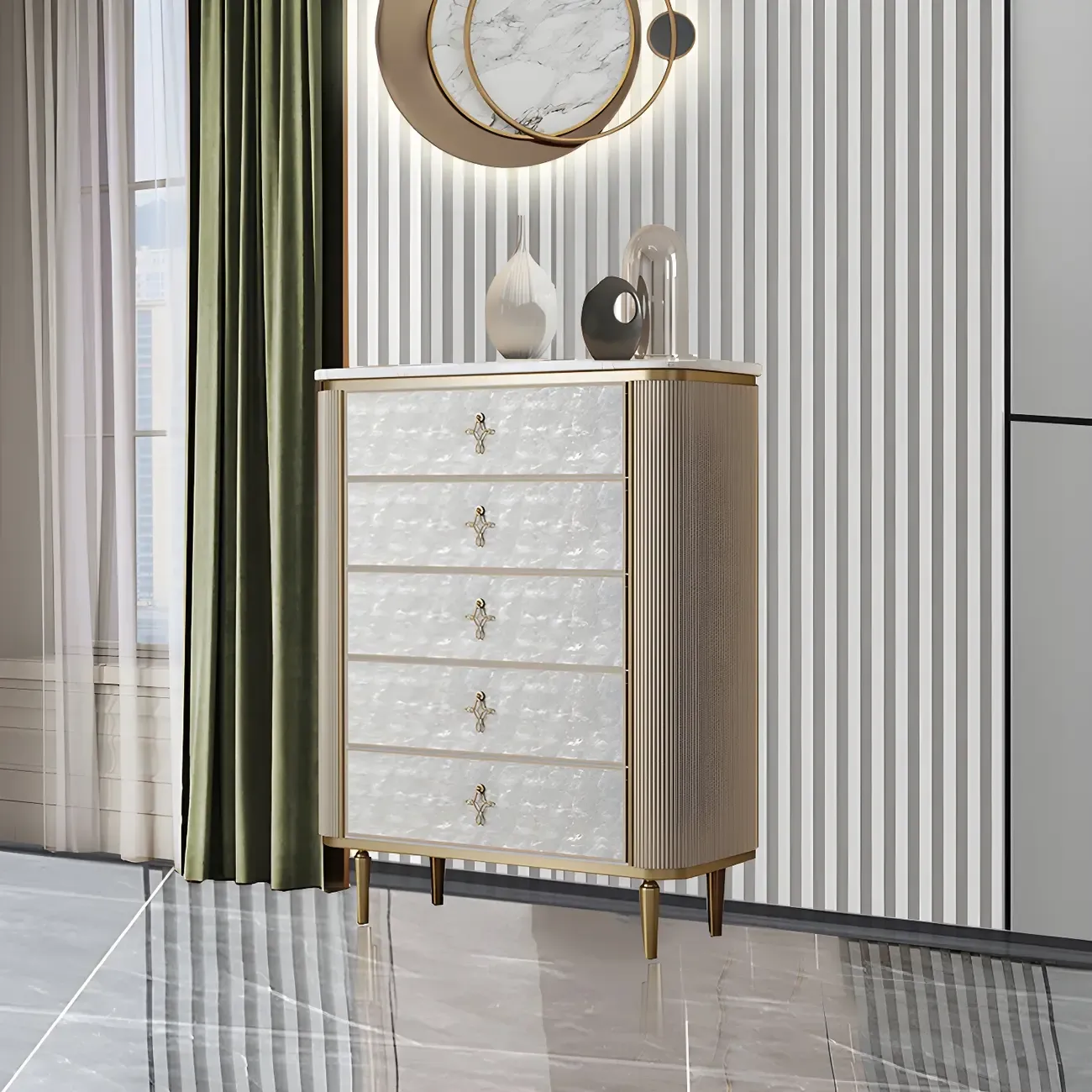Modern Stone Double Dresser with Gold Accents Image - 13