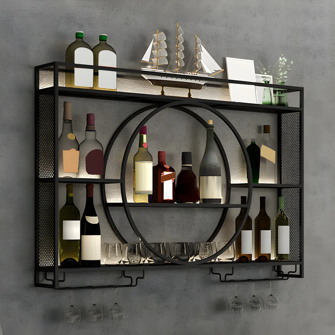 Black Circular Metal Floating Mounted Wine Rack Image - 1 | homeyfad