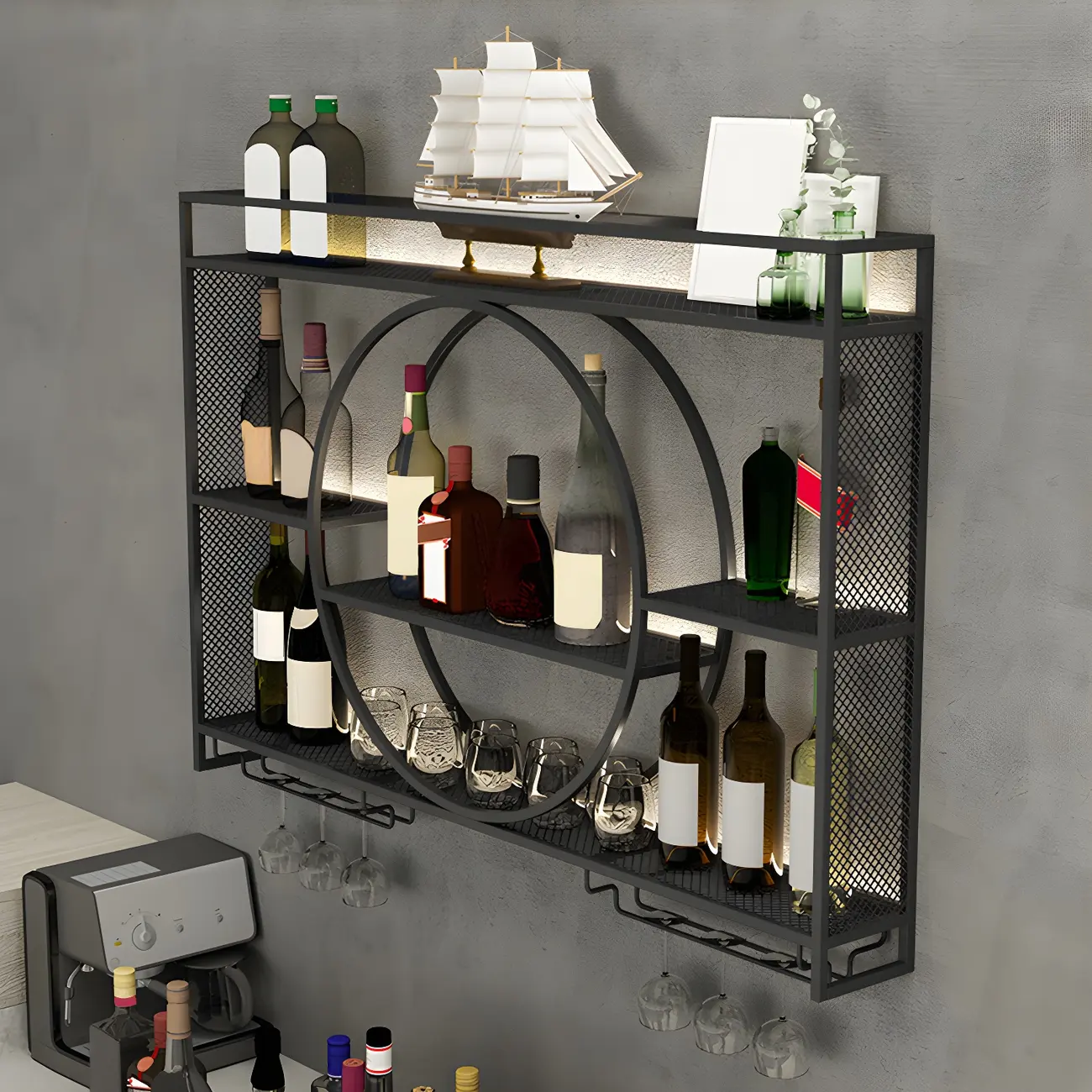 Black Circular Metal Floating Mounted Wine Rack Image - 2 | homeyfad